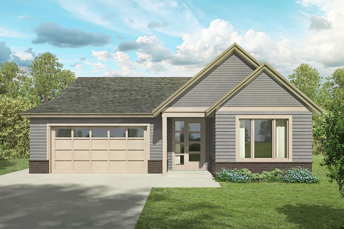 House plan exterior with gable roof, horizontal siding, and attached garage. Entry has a small porch with a front-facing window and door.