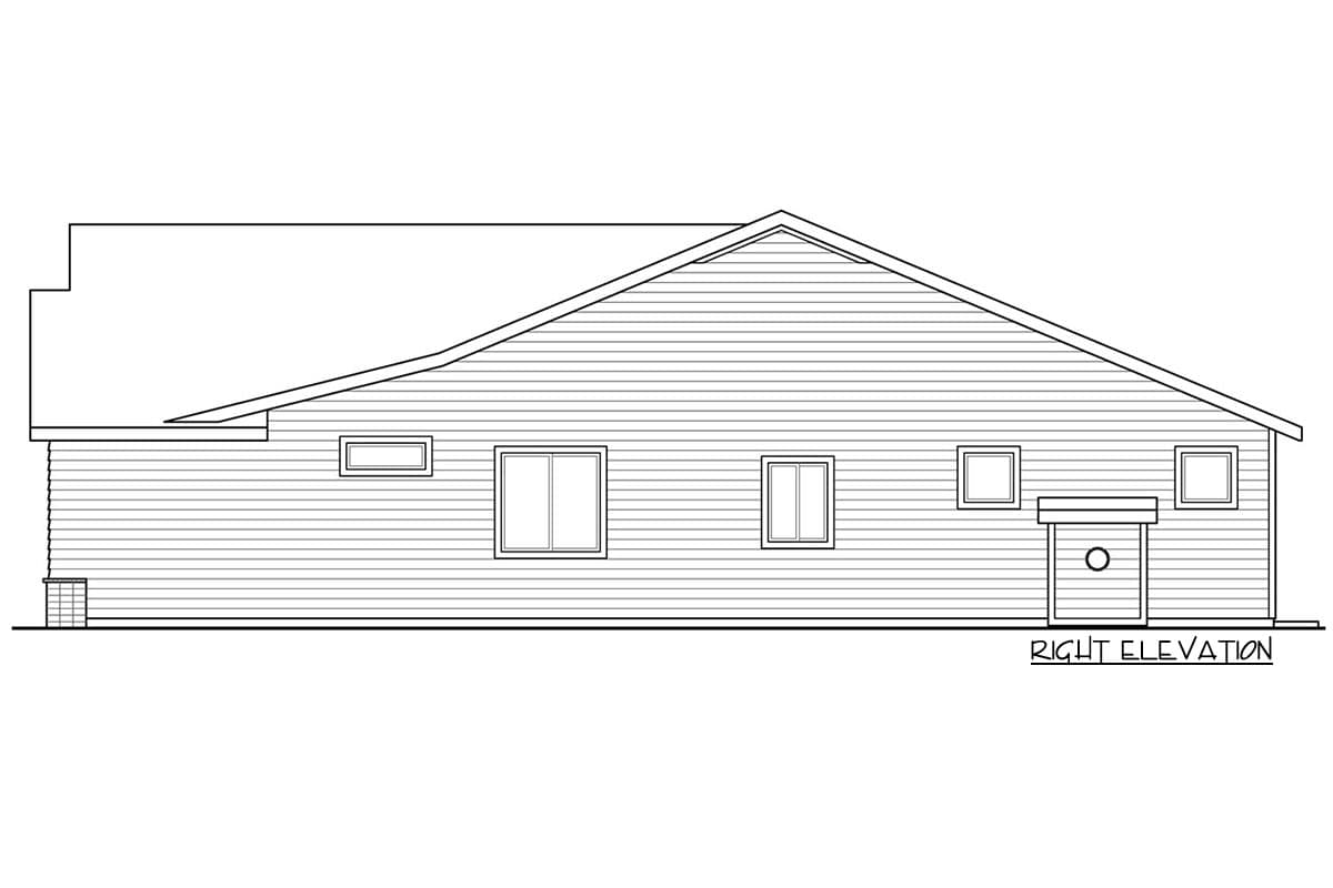Right elevation house plan drawing showing a single-story home with horizontal siding, varied window sizes, and a prominent gable roof.