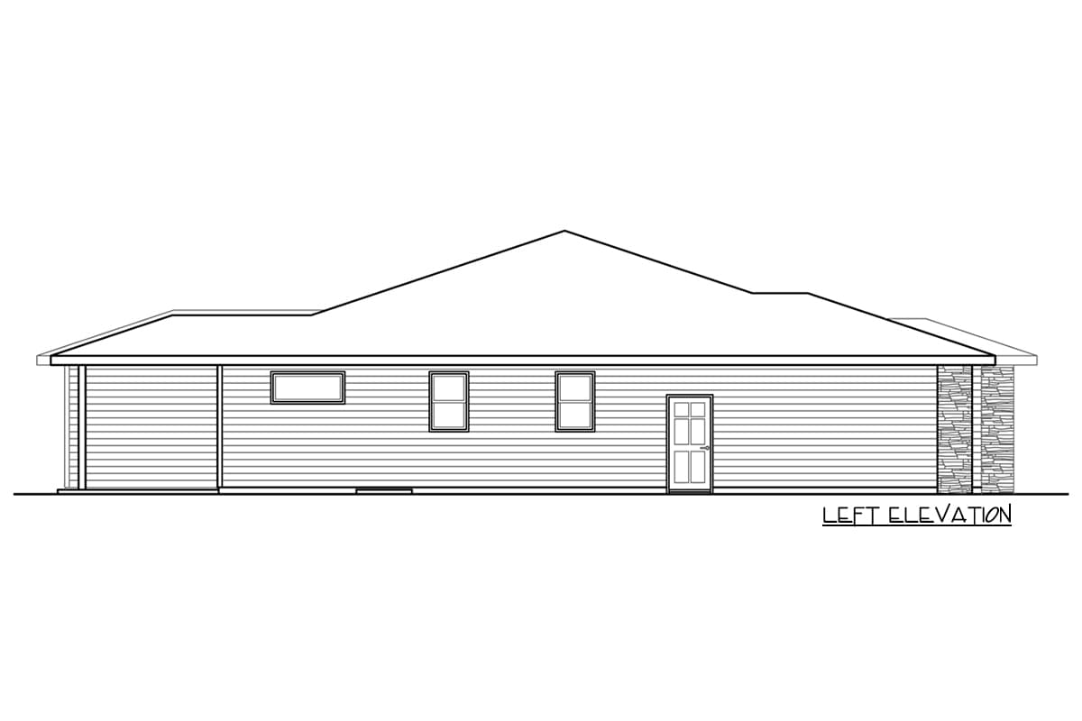 Left elevation of a single-story house plan showing horizontal siding, three windows, a door, and stone accent.