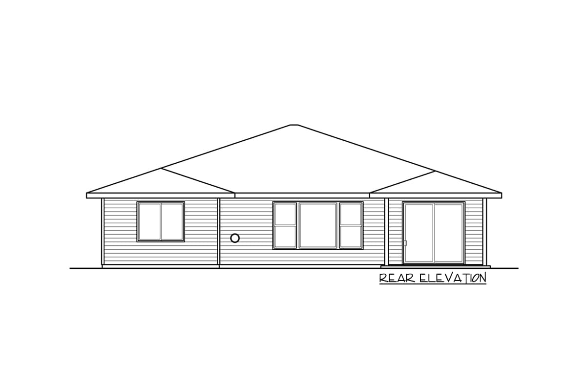 Rear elevation drawing of a one-story house with horizontal siding, multiple windows, and a sliding glass door.