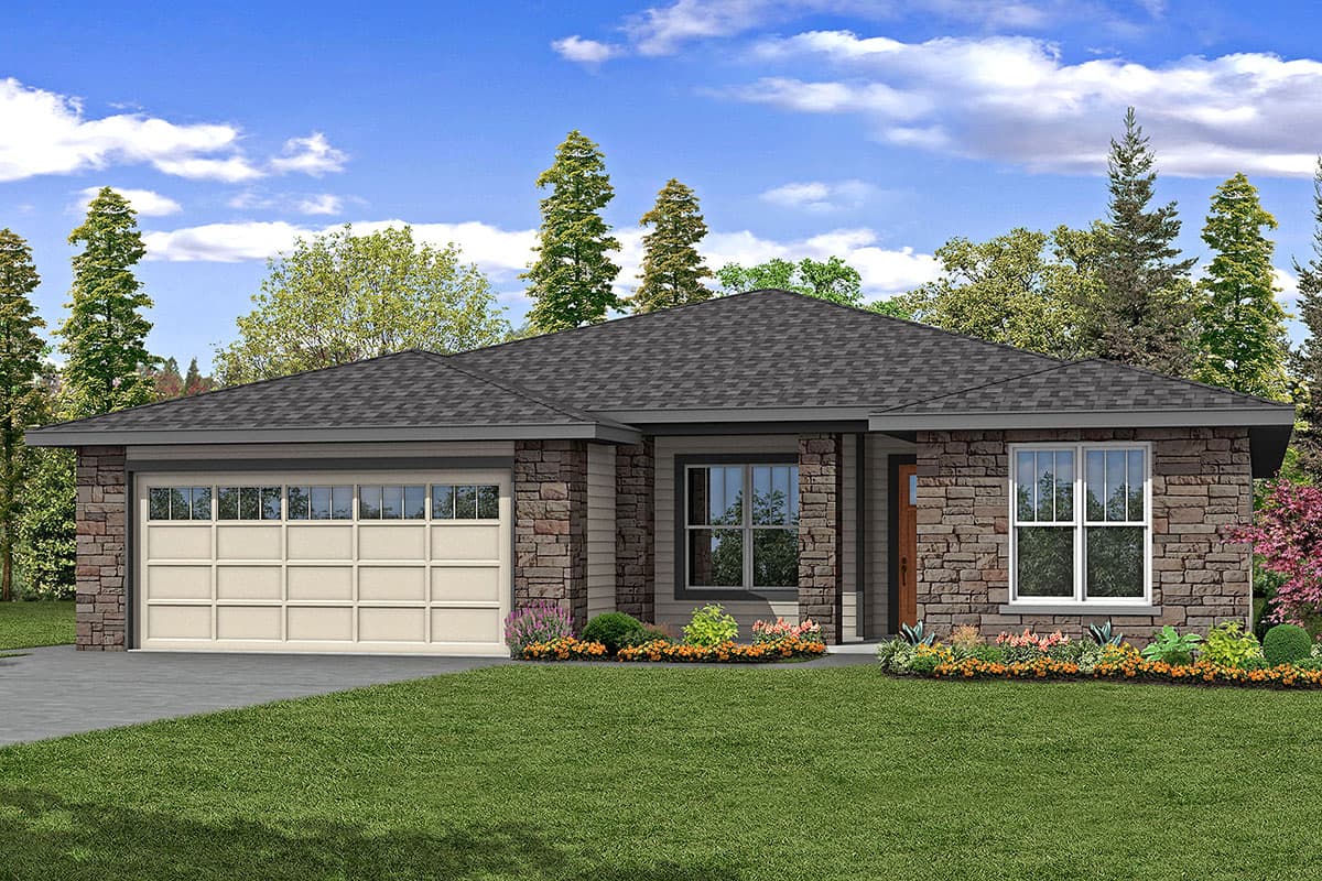 House plan exterior with stone veneer, single story, and attached garage. Features include a low-slope roof and multiple windows.