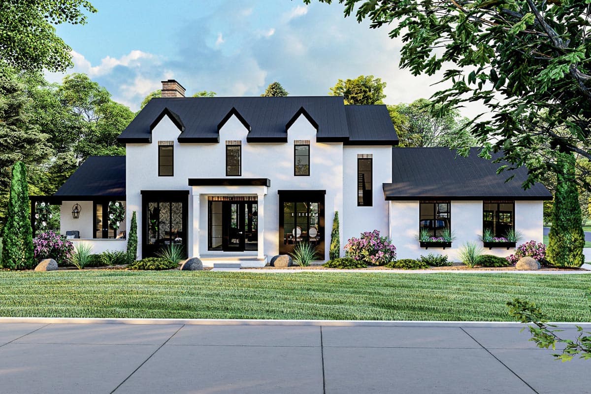 House plan exterior in a Modern Farmhouse style. Two-story with gabled roofline, front porch, and black-framed windows.
