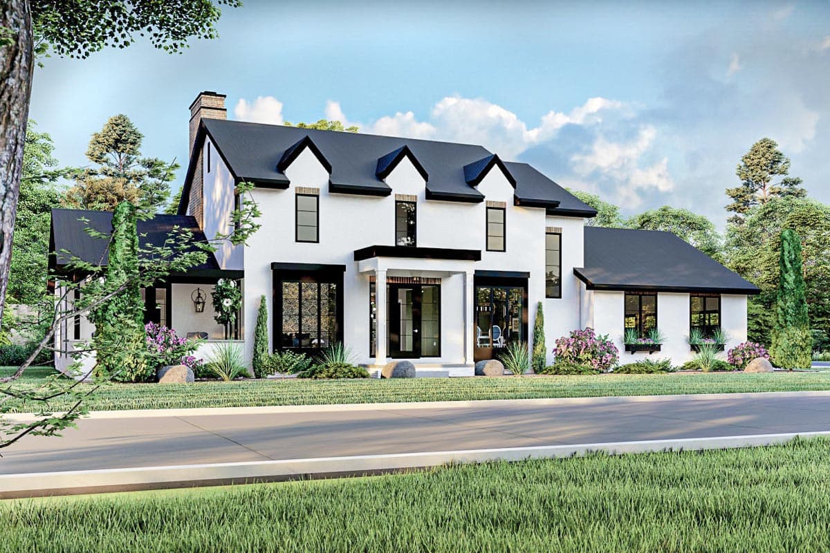 Modern Farmhouse house plan exterior with white stucco, black roof, gables, dormers, chimney, and covered porch.