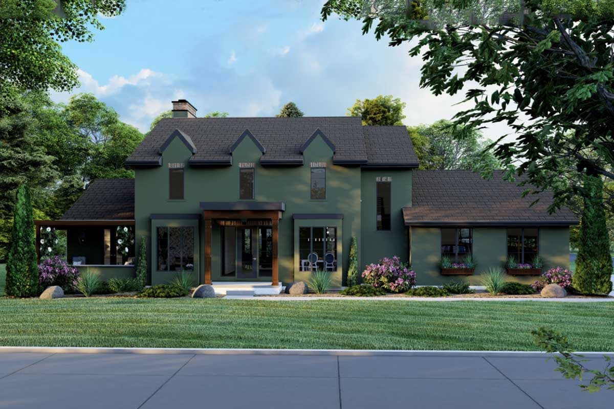 Two-story house plan exterior with gables, a prominent entrance, and a covered porch on the left.