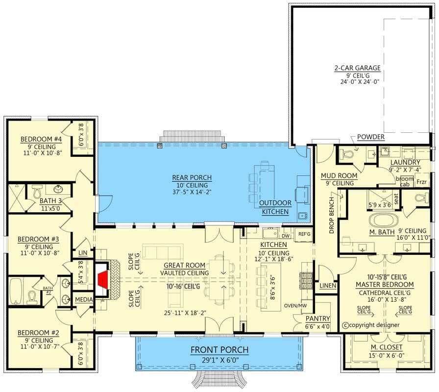 Plan 56477SM: 4-Bed French Country House Plan with Outdoor Kitchen - Floor Plan - Main Level - Acadian, Country, French Country, Louisiana-Style, Southern, Traditional