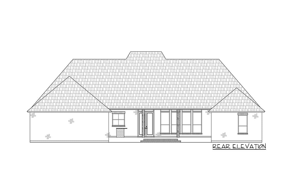 Rear elevation drawing of a single-story house with a hip roof, a central covered entryway, and multiple windows.