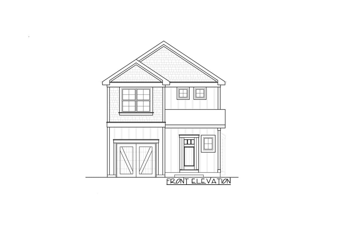 Front elevation drawing of a two-story house plan with a side-entry garage and a front door with a small porch.
