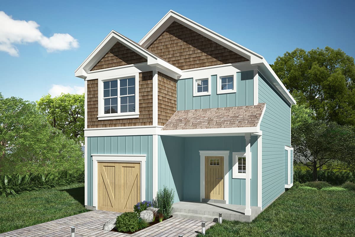 House plan exterior view, two-story Craftsman style home with gable roof, covered entry porch, and attached garage. Exterior siding is light blue.
