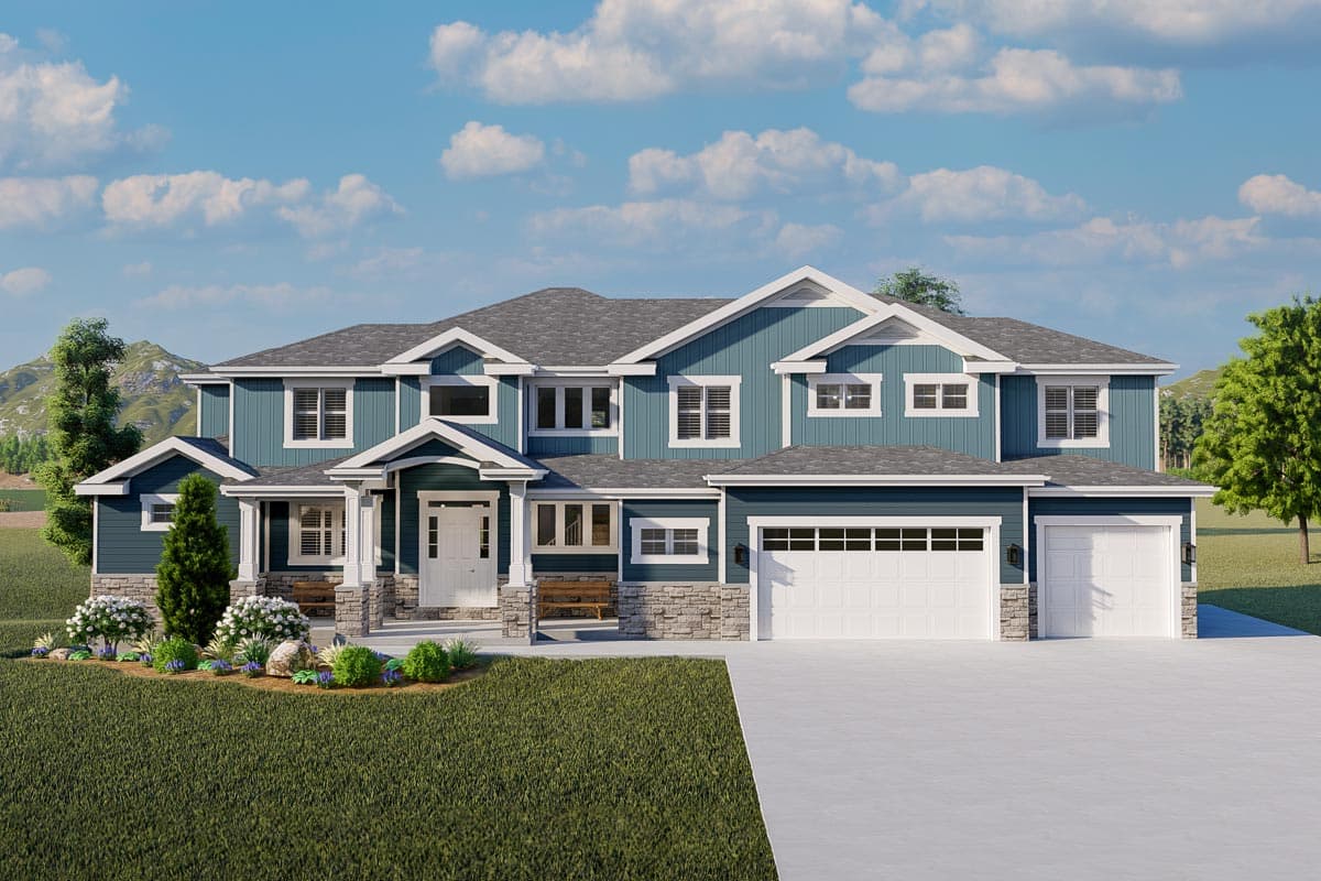 House plan exterior: Two-story home with gables, stone accents, covered entry, and a three-car garage.