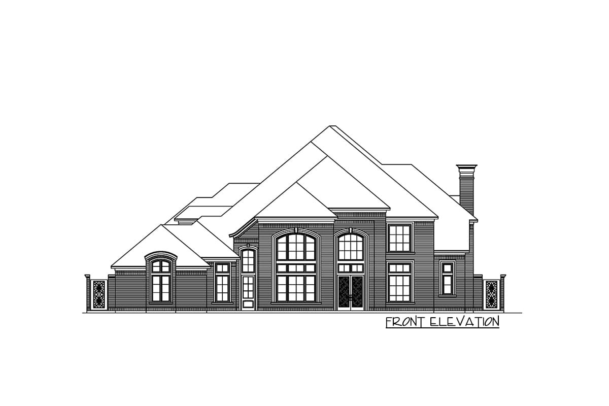 Front elevation drawing of a multi-story house with a prominent multi-gabled roofline, large arched windows, and a brick facade.