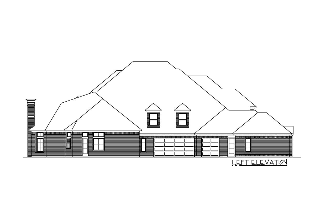 Left elevation house plan drawing showing a multi-story home with a large hip roof, dormers, chimney, and three-car garage.