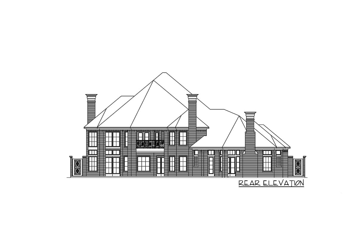 Rear elevation drawing of a multi-story house plan featuring multiple gables, chimneys, and a second-story balcony.