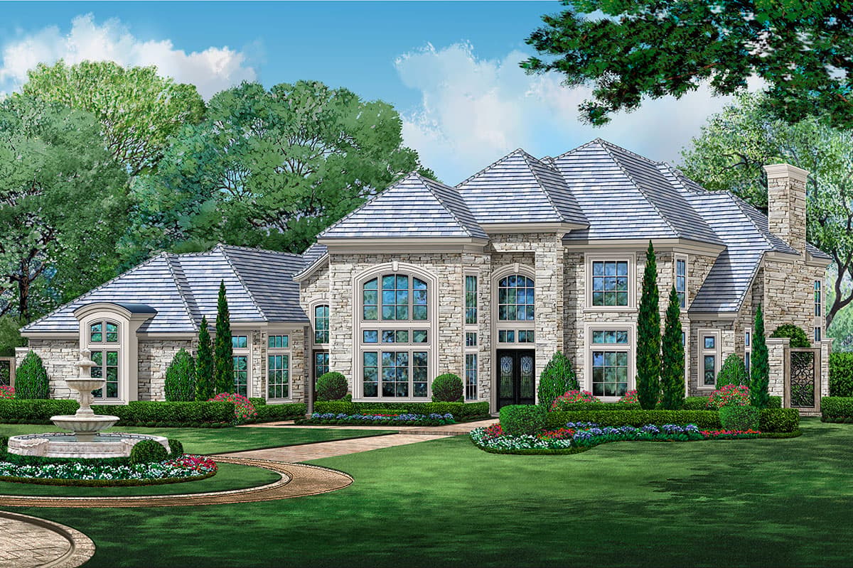 House plan exterior with stone facade, multi-gabled roof, arched windows, and a fountain in front yard.