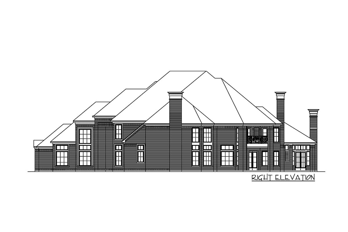 Right elevation drawing of a multi-story house plan featuring multiple gables, varied window styles, and chimneys.