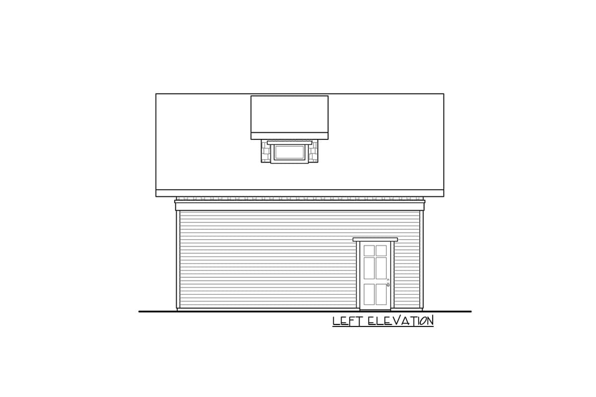 Left elevation drawing of a house with horizontal siding, a door, and a dormer on the roof.