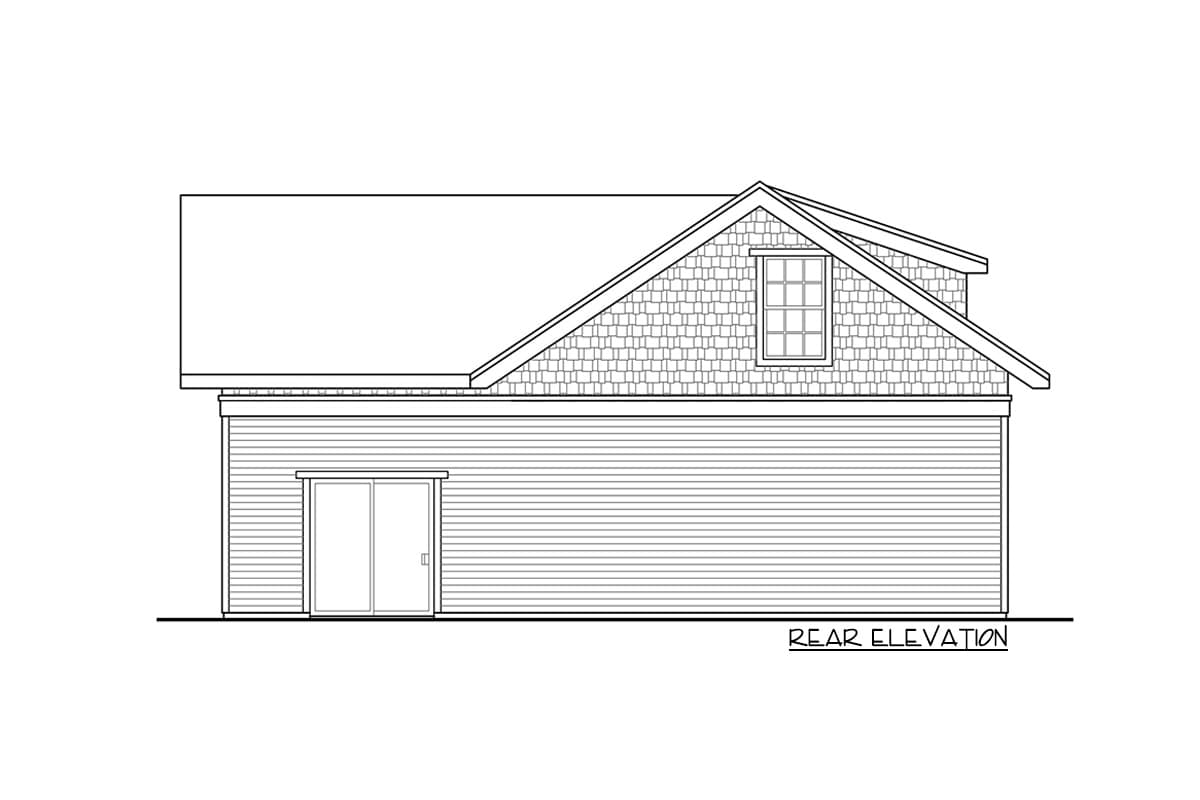 Rear elevation drawing of a house plan featuring horizontal siding, double doors, and a dormer with shingle siding.
