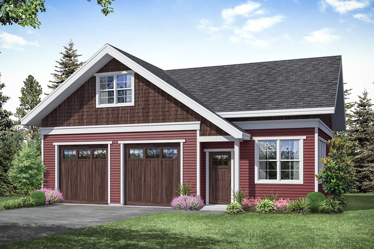 House plan exterior with Craftsman style. Features include a two-car garage, gabled roof, and a decorative window above the garage.
