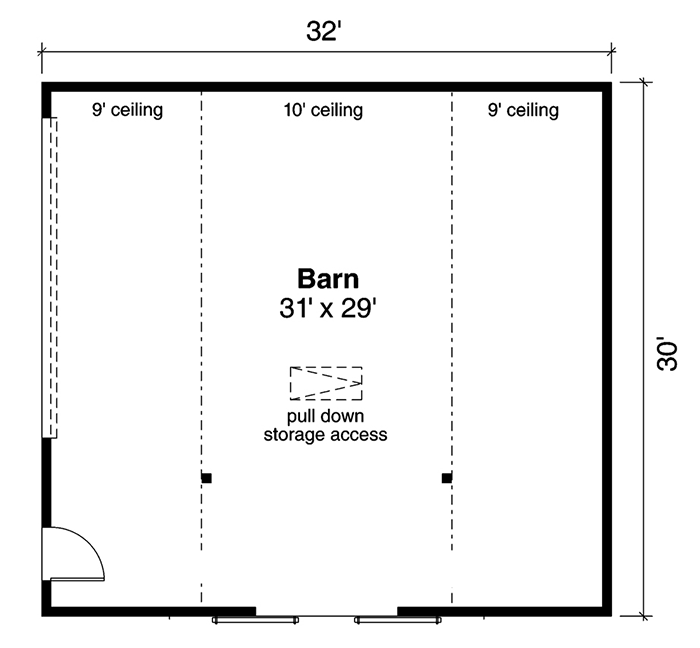 Plan 72987DA: Detached Barn-like Garage with Storage Above - Floor Plan - Main Level - Barndominium, Country, Rustic