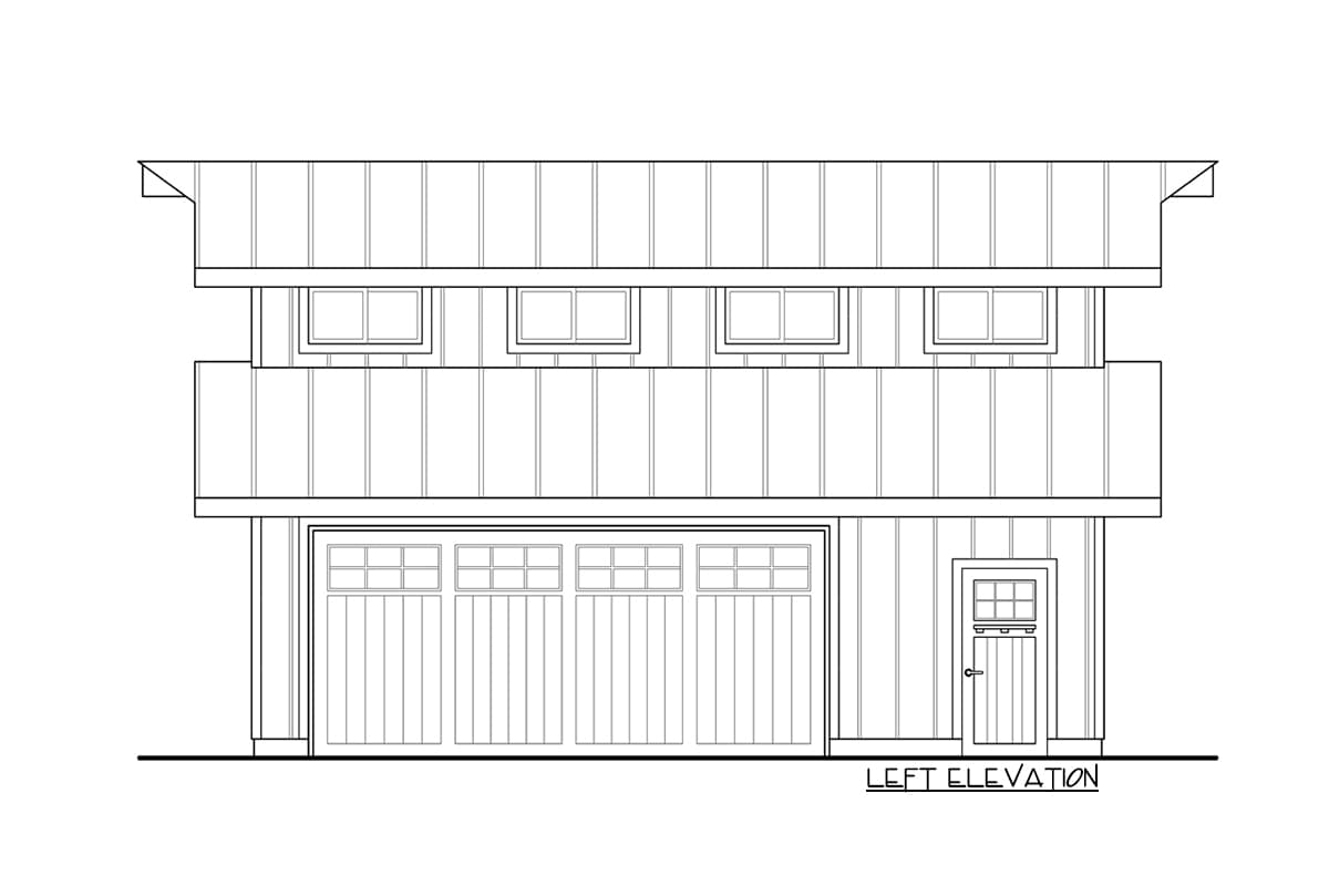 Left elevation house plan shows a two-story structure with two garage doors, a door, and multiple windows.
