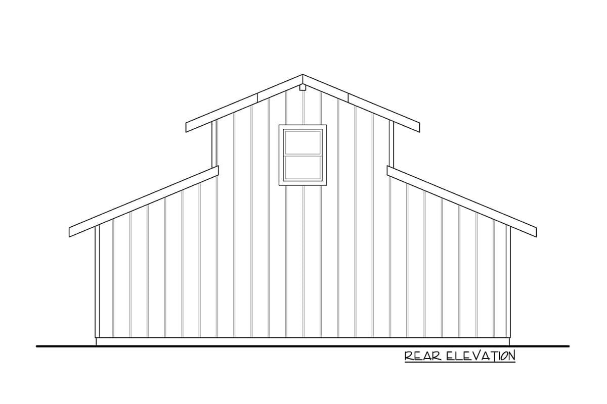 Rear elevation drawing of a two-story house plan with vertical siding and a dormer window.