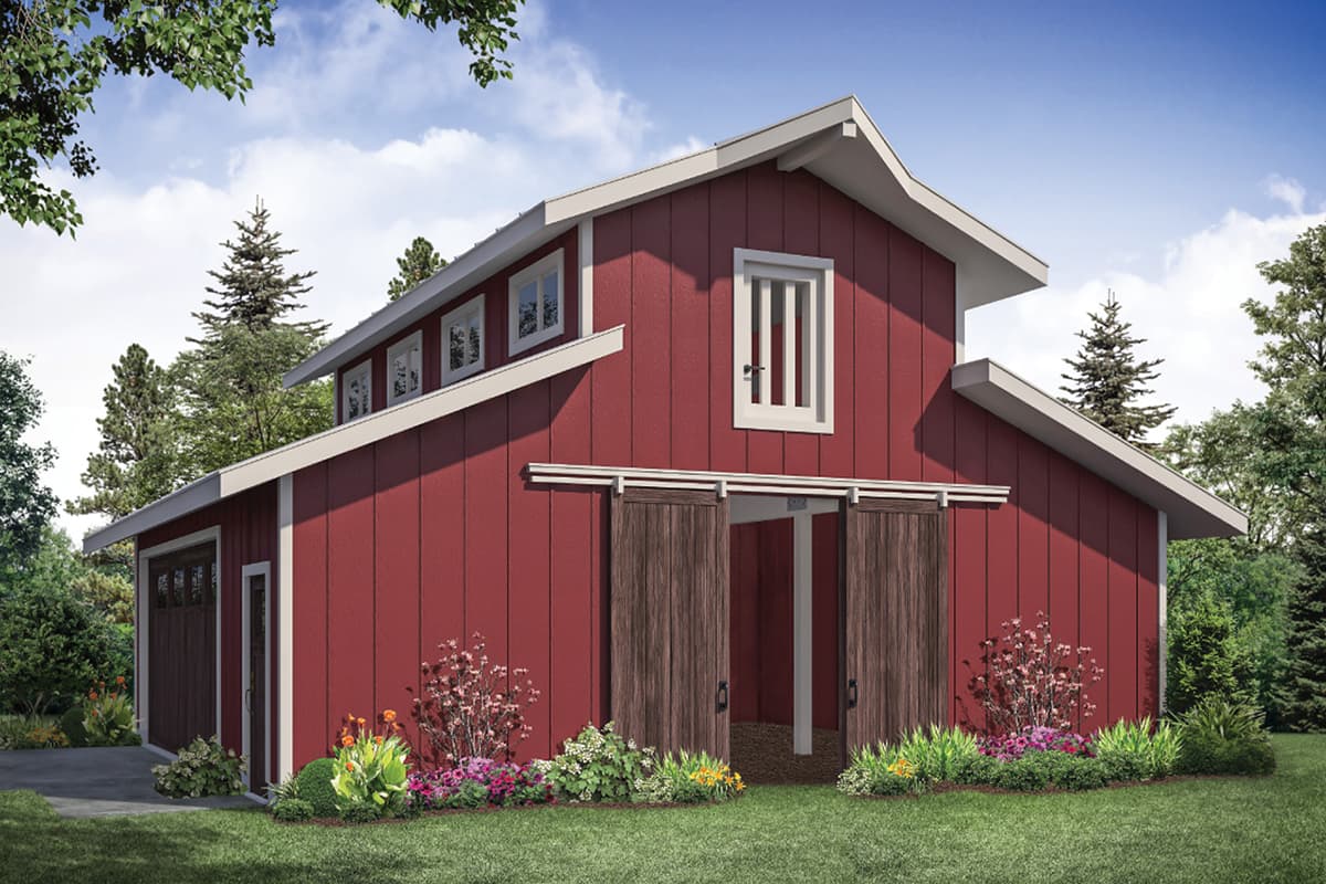 House plan exterior with two stories. Features include a gable roof, sliding barn doors, and small dormer windows. Has attached garage.