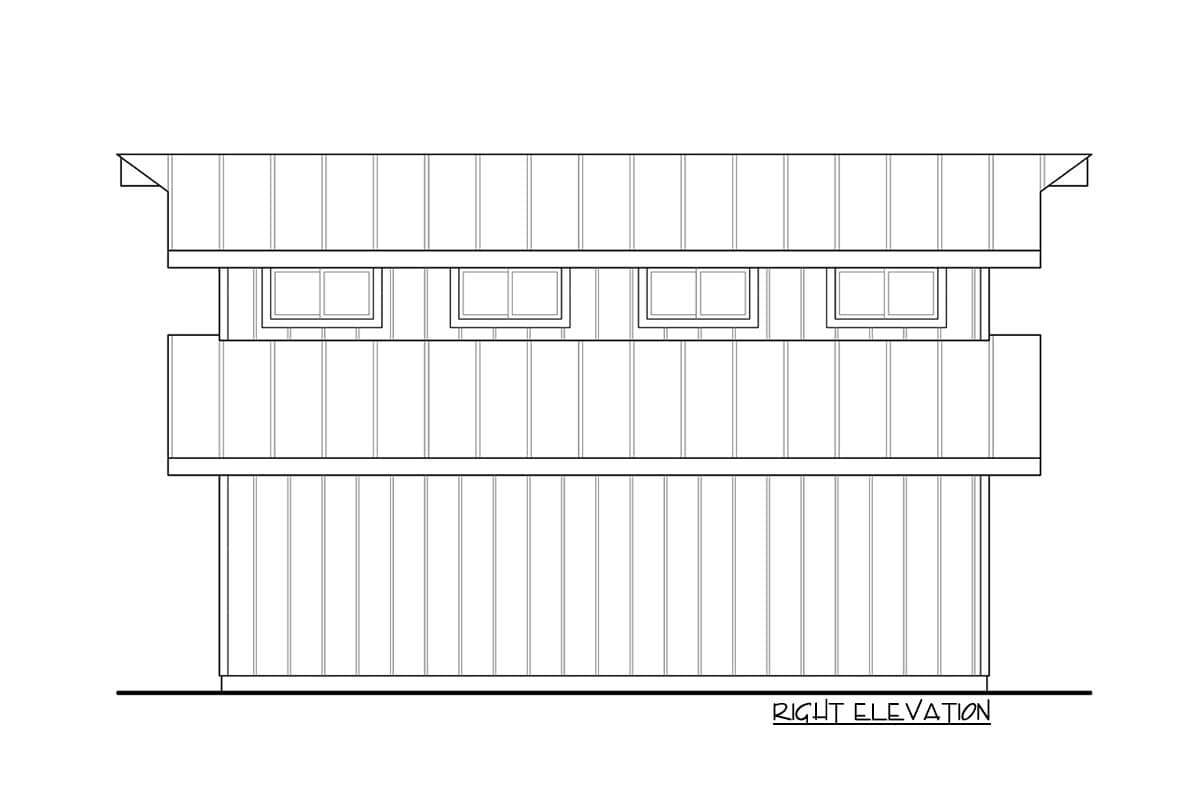 Right elevation drawing of a two-story house plan with horizontal siding and four upper-level windows.