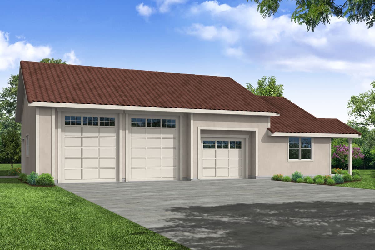 House plan exterior. One-story design with a three-car garage. Features include a clay tile roof and a covered porch.