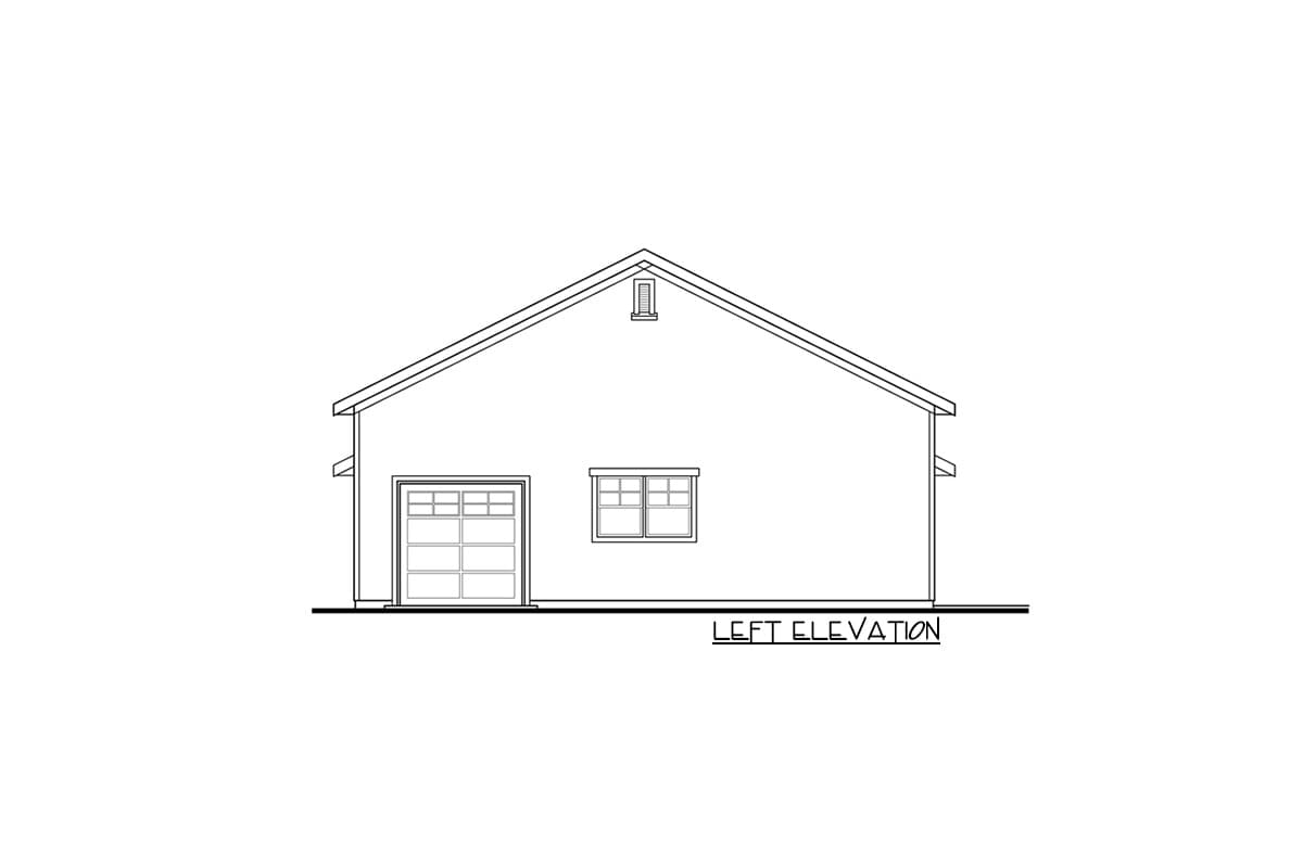 House plan left elevation showing a garage door and two windows with a gable roof and vent.