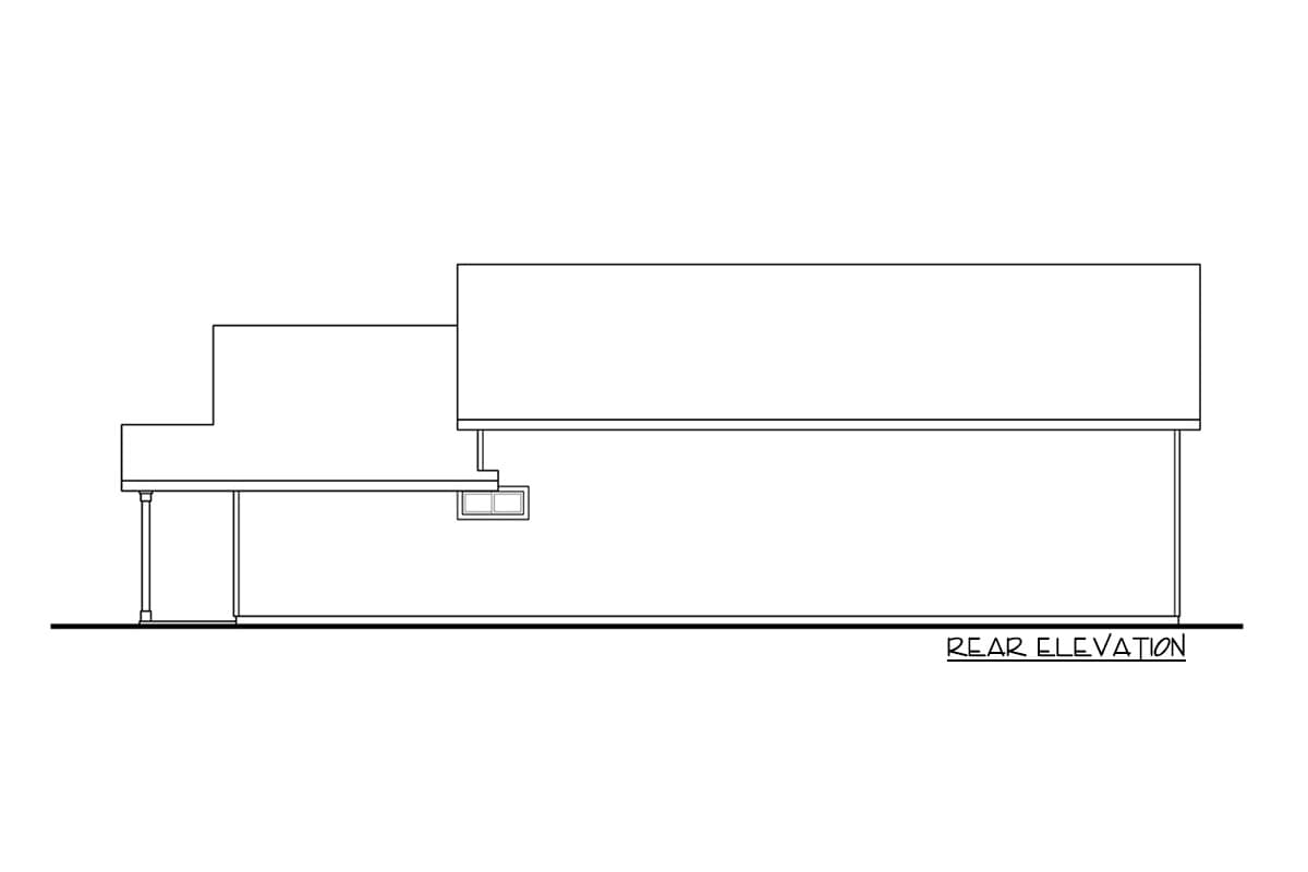 House plan rear elevation drawing showing a two-story structure with a lower section extending to the left and a covered support.