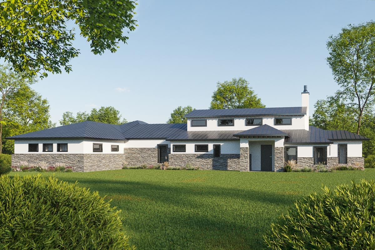 House plan exterior with stone veneer, flat roof, and multiple gabled sections. Features a central chimney and clerestory windows.