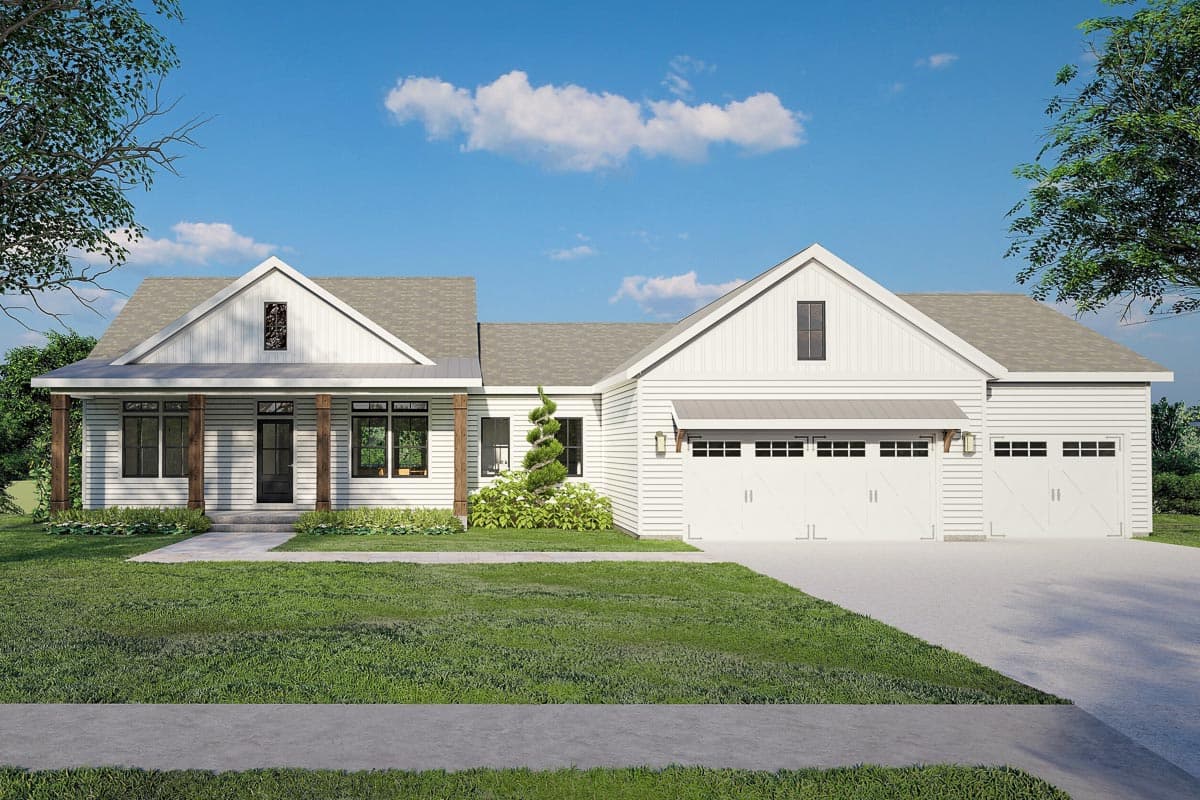 House plan exterior featuring a farmhouse style with a front porch, gables, and a two-car garage. White siding and a gray roof are visible.
