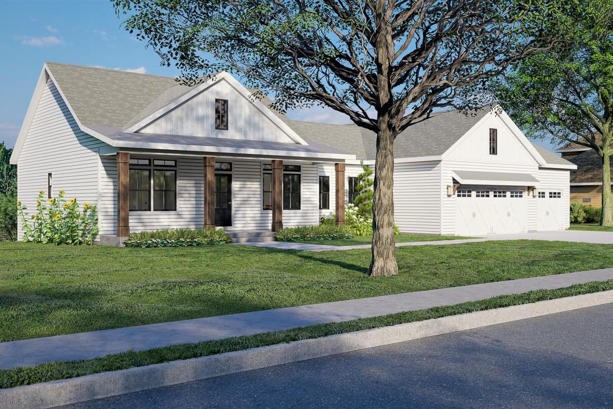 Modern Farmhouse house plan exterior with a wraparound porch, gables, and a three-car garage.