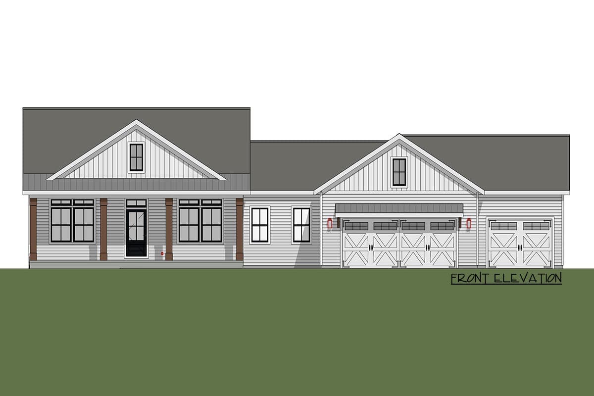 Front elevation drawing of a single-story house with a gabled dormer, covered porch with columns, and a three-car garage.