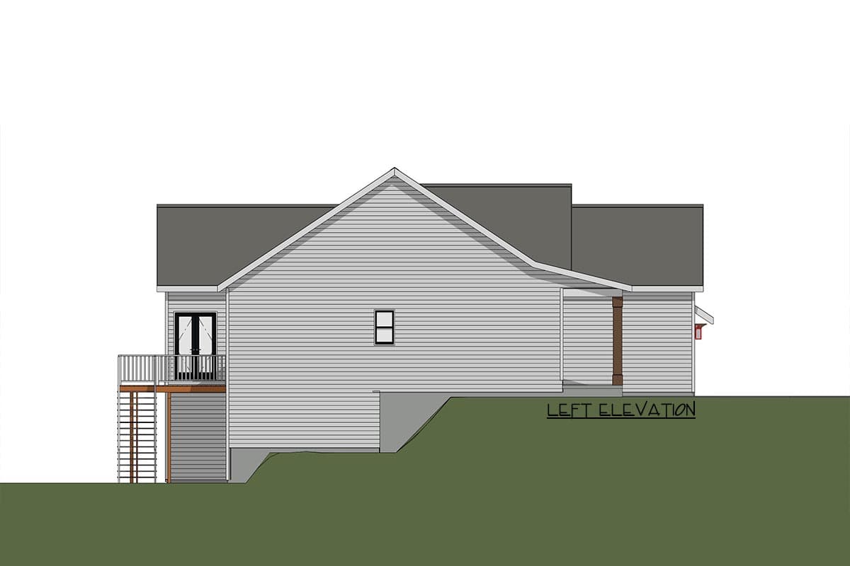 Left elevation drawing of a house plan showing siding, a deck with stairs, gabled rooflines, and a single window.
