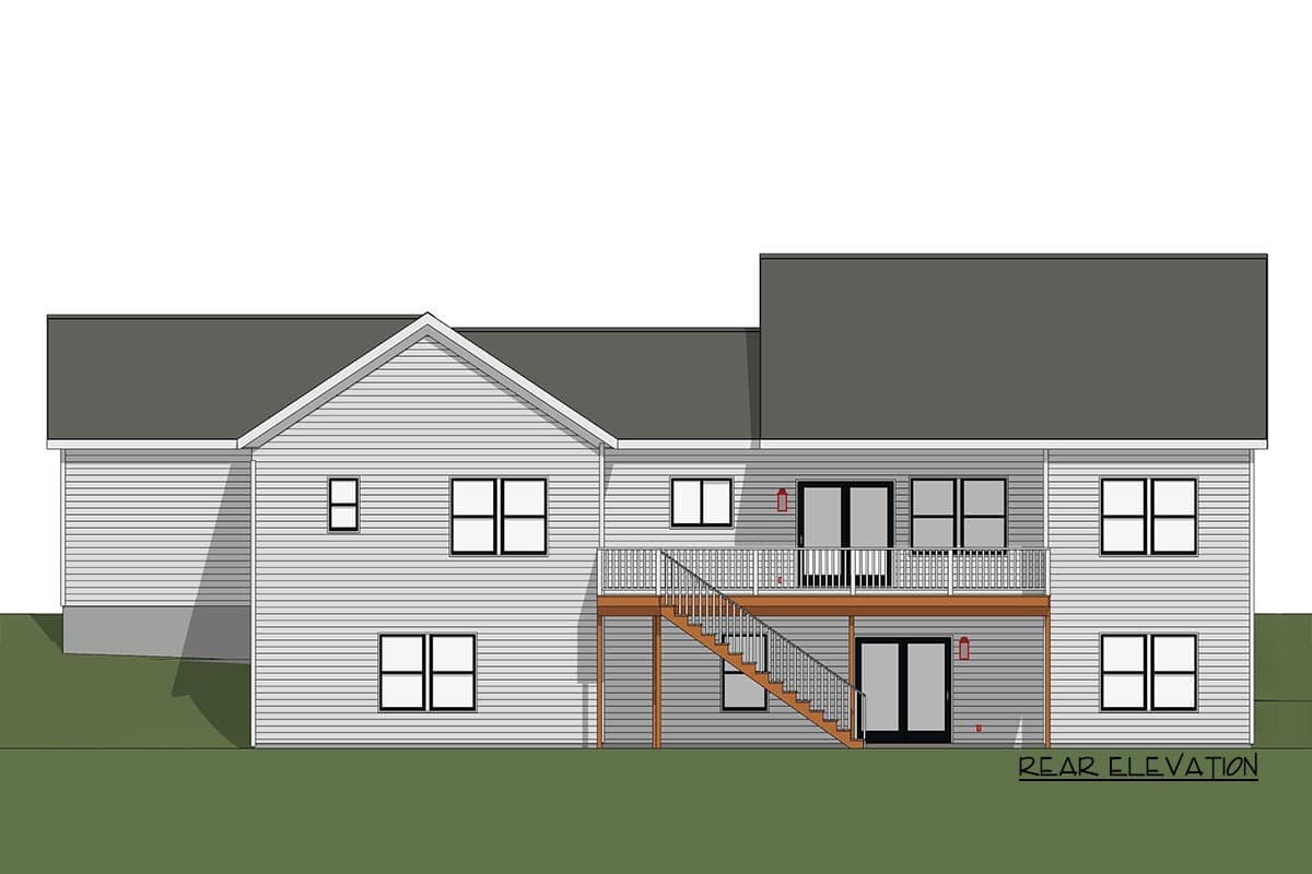 Rear elevation drawing of a two-story house plan with a gabled roof, upper deck, and exterior stairs.