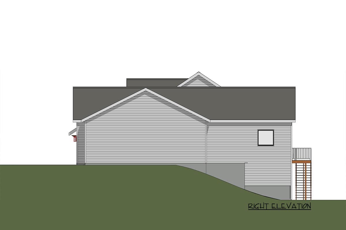 Right elevation drawing of a house plan, showing vinyl siding, gabled rooflines, a deck, and exterior stairs.