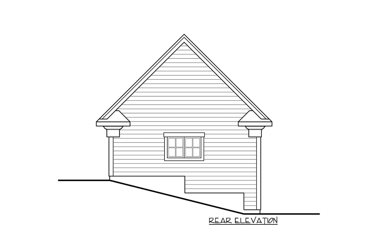 Rear elevation drawing of a house plan with a gable roof, horizontal siding, and one window.