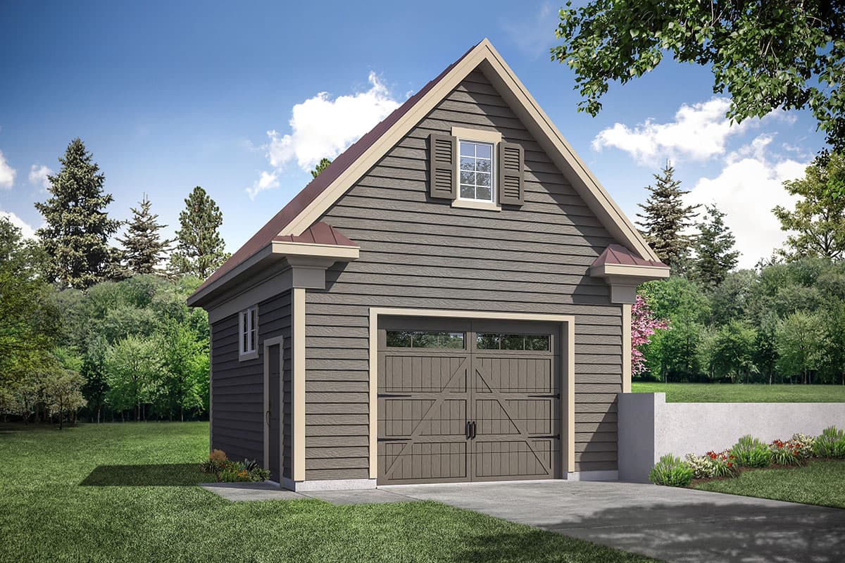 House plan exterior. One-story gable-roof garage with a window in the gable. Features include a paneled garage door and decorative rafter tails.