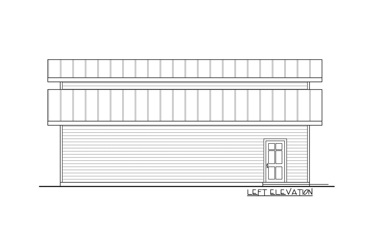 Left elevation drawing of a two-story house plan featuring horizontal siding and a prominent upper balcony with vertical window detailing.