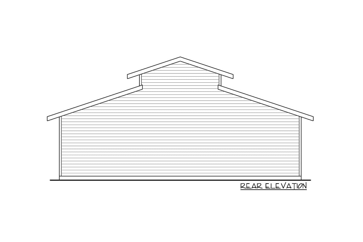 Rear elevation house plan with horizontal siding and a gambrel roof.
