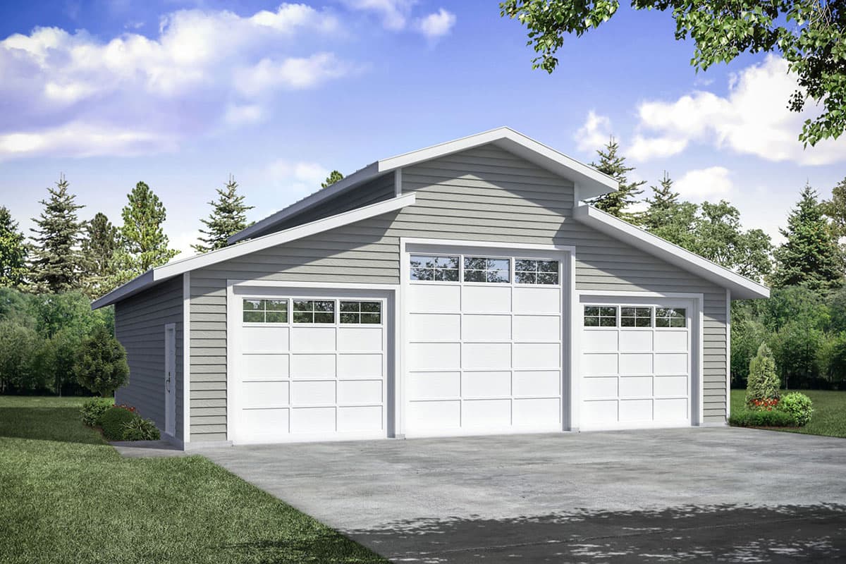 House plan exterior. One-story garage with three bays, gabled roof, and windows above garage doors. Exterior features lap siding.
