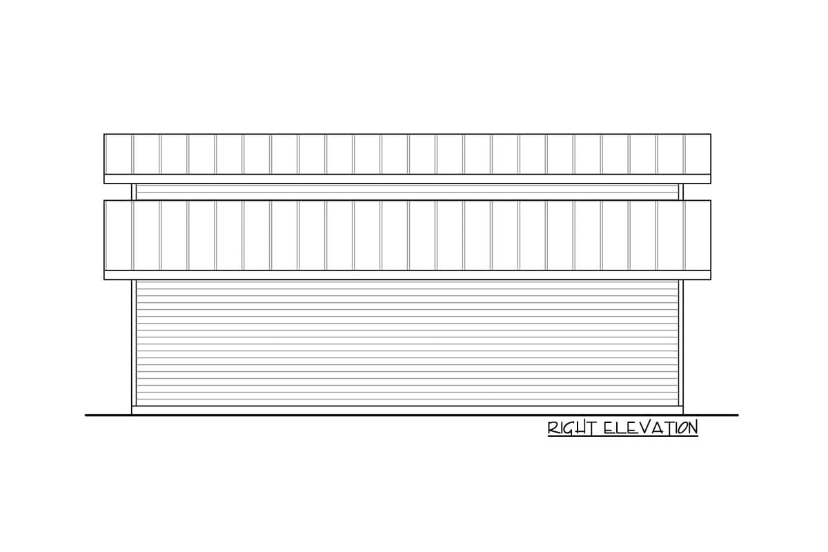 Right elevation drawing of a house plan with a garage door and two stories of windows.