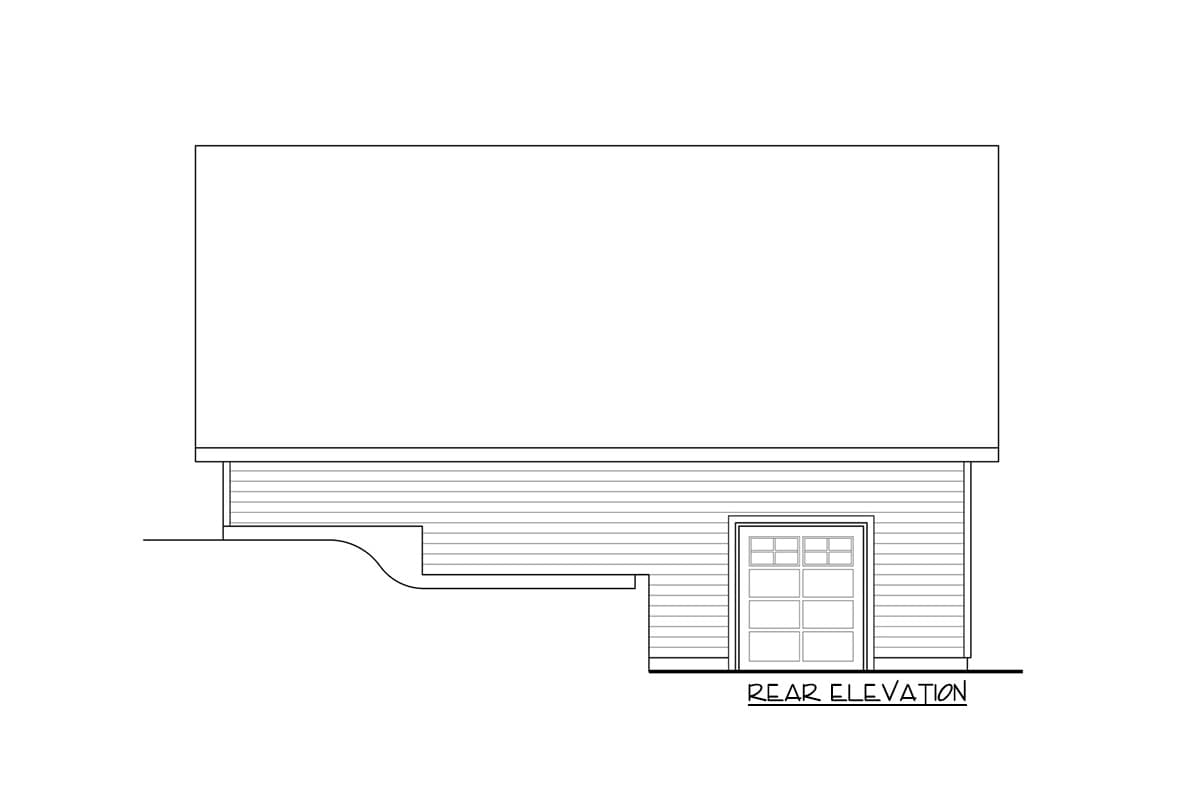 Rear elevation drawing of a house plan with horizontal siding and a garage door with glass panes.