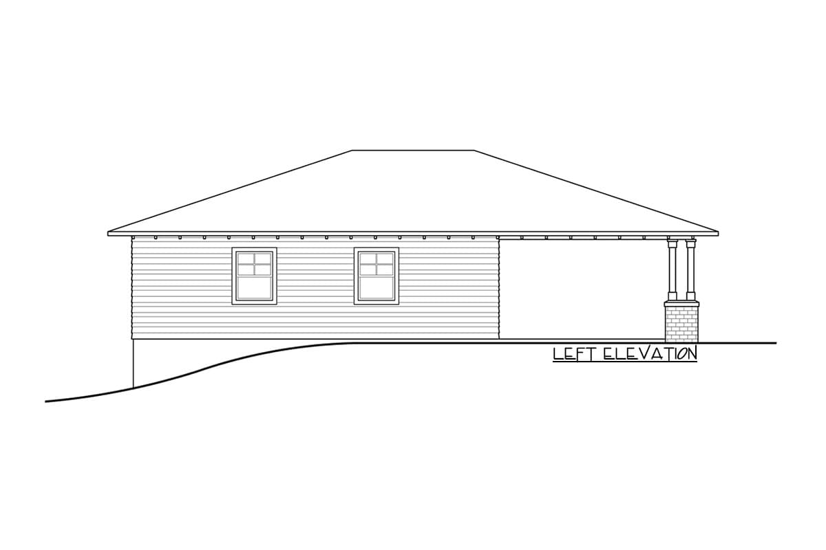 Left elevation drawing of a single-story house with horizontal siding, two windows, and a covered porch with two columns on a brick base.