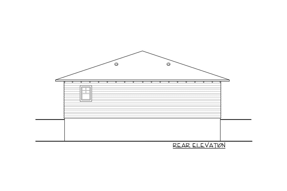Rear elevation drawing of a house plan, showing horizontal siding, a gable roof, and one window.