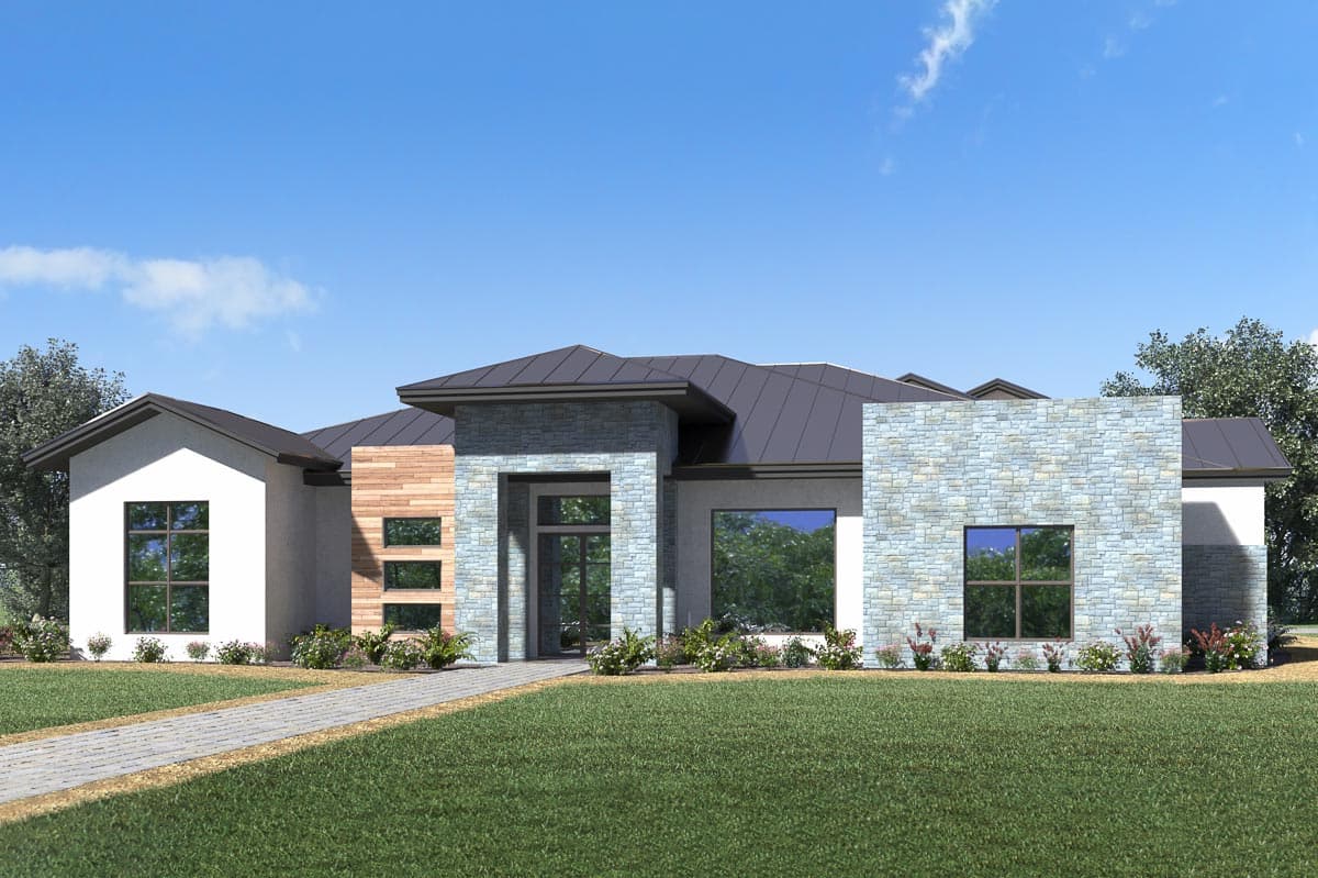 House plan exterior. Modern style, single story home with flat roof and stone facade. Features include large windows and recessed entry.