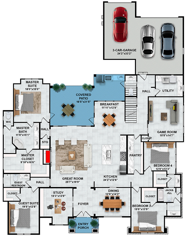Plan 430065LY:  Modern Ranch Plan with Game Room - Floor Plan - Main Level - Contemporary, Hill Country, Ranch