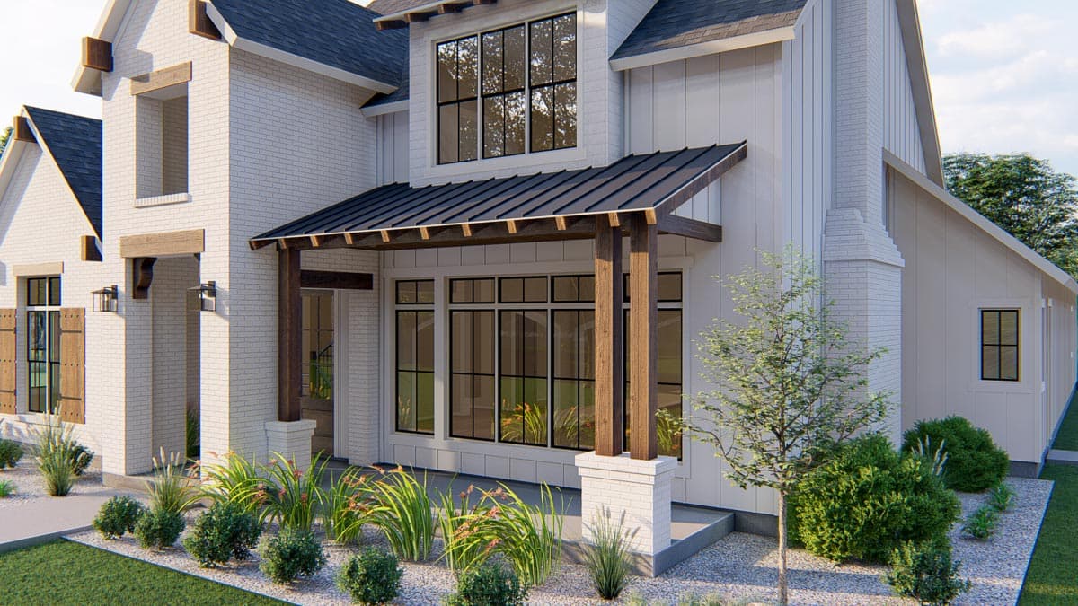 Modern Farmhouse house plan exterior with white brick, board and batten siding, large windows, and a gabled roof.