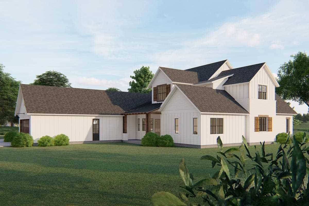 House plan exterior: Modern Farmhouse style, two stories, white board-and-batten siding, gables, dormers, and covered entryway.