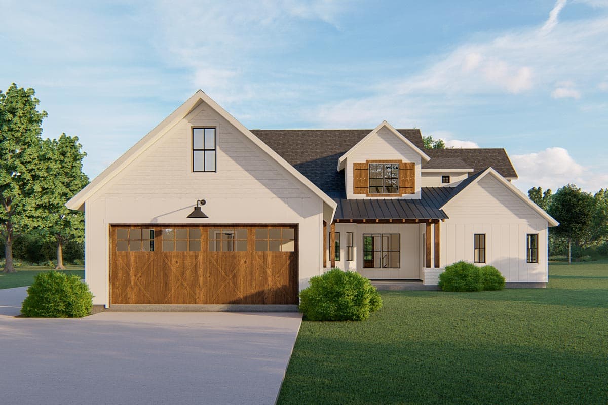 House plan exterior: Modern Farmhouse style, two stories, white siding, wood garage door, gabled dormer with shutters, and covered entry.